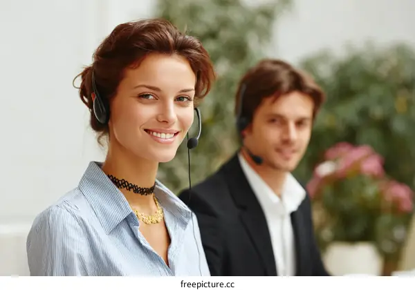 Professional Customer Service Agents Wearing Headsets in Office