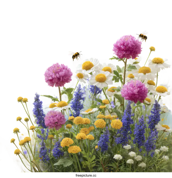 [Transparent Background PNG]Vibrant Floral Meadow with Bees