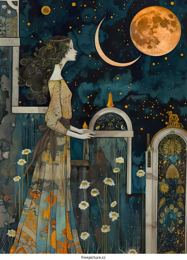 Woman in a Dress Looking at the Night Sky