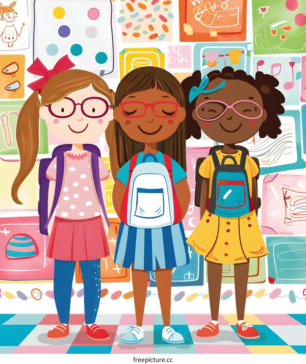 Three Girls With Backpacks Standing in Front of a Colorful Wall
