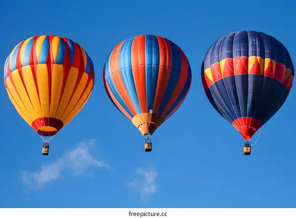 Three Colorful Hot Air Balloons Floating In The Blue Sky