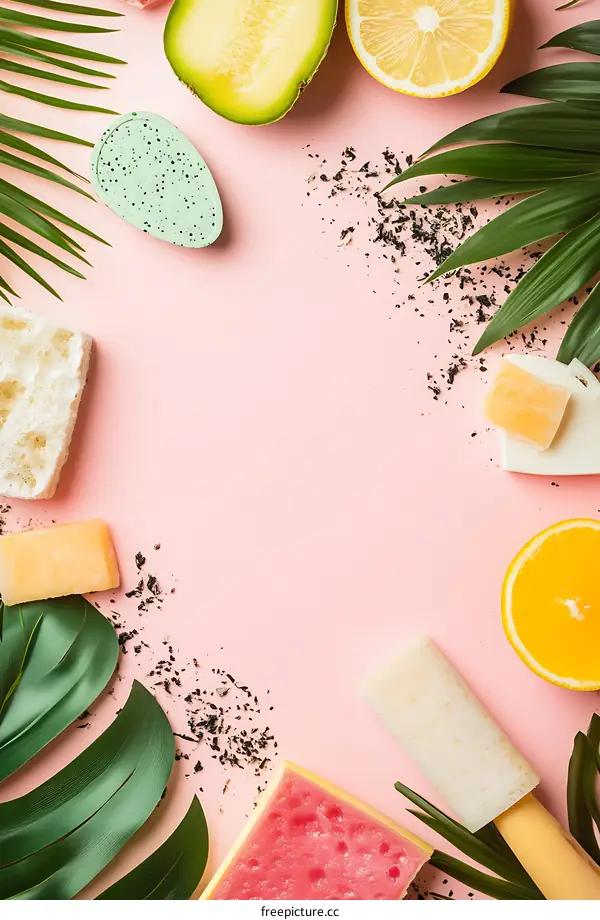 Tropical Spa Products Flat Lay Composition with Pink Background