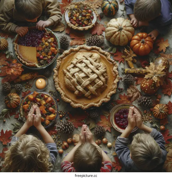 Four children praying at Thanksgiving dinner table