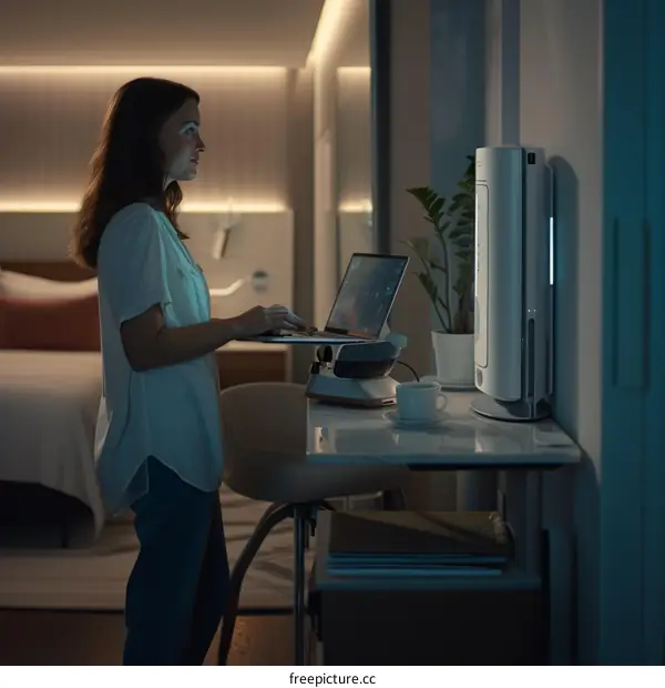 A woman standing in a hotel room using a laptop with a cooling fan nearby