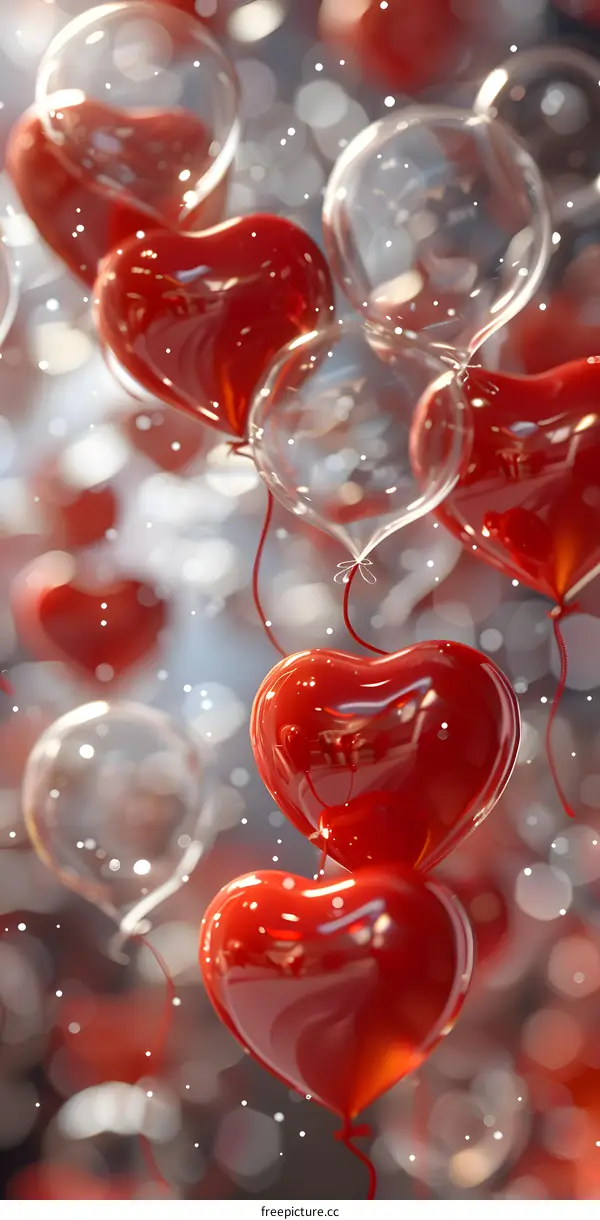 Transparent balloons and red heart balloons