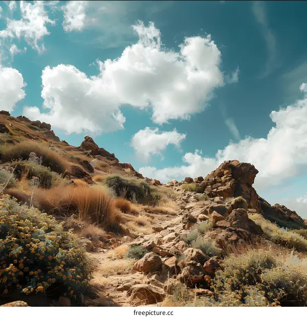 Rocky Hillside Trail With Blue Sky And White Clouds