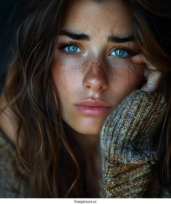 portrait of a beautiful young woman with freckles