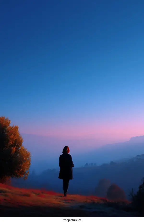 Woman Contemplating the Scenic Mountain Sunrise