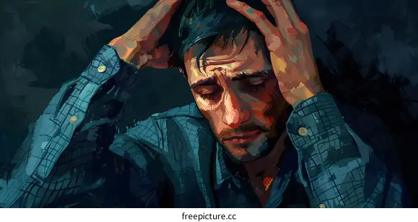 man in blue shirt holding his head