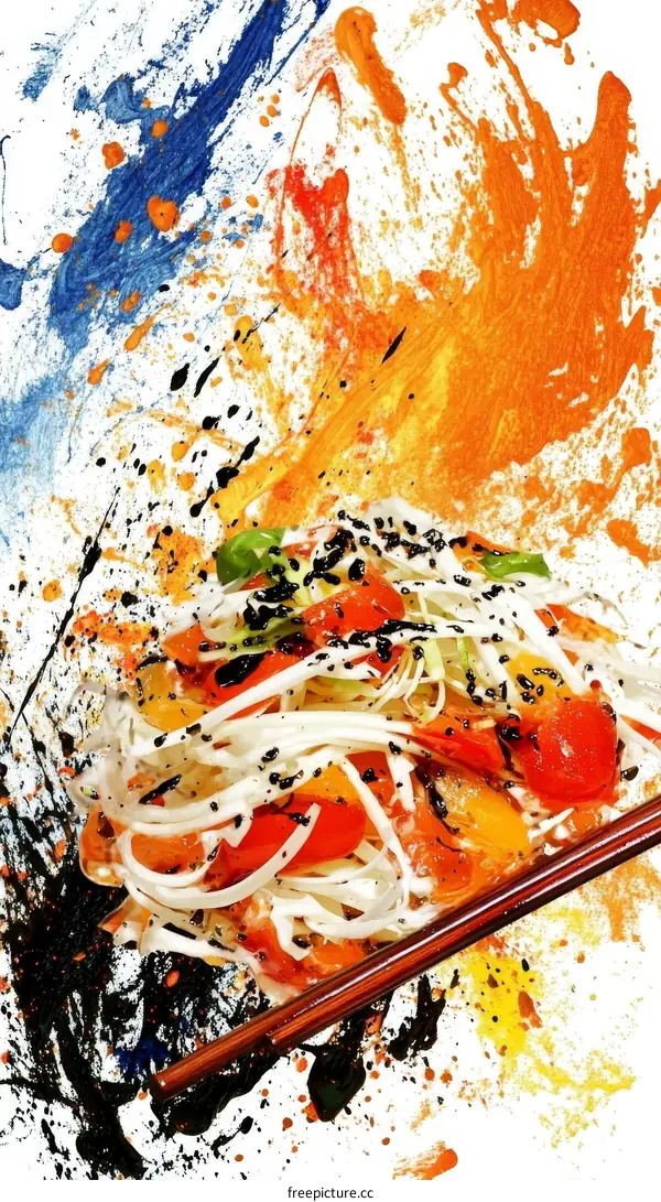 Abstract Colorful Noodle Dish with Chopsticks