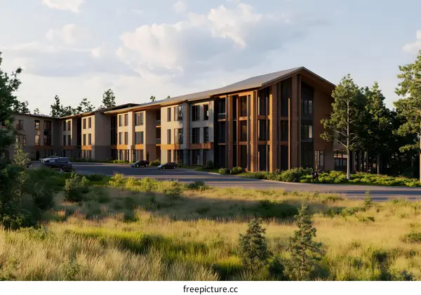 Modern Apartment Building with Wood and Stone Exterior