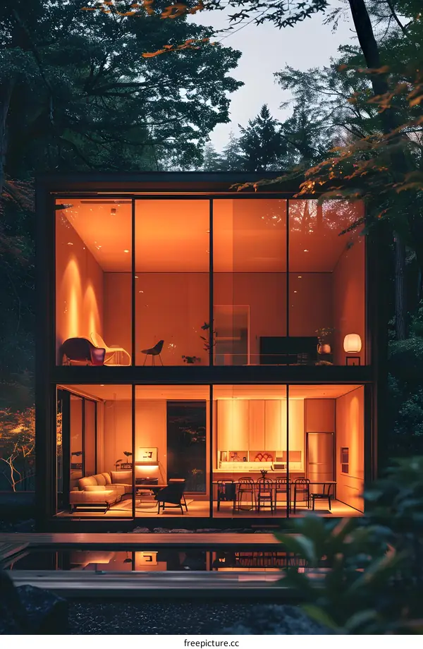Modern Glass House in the Woods at Night