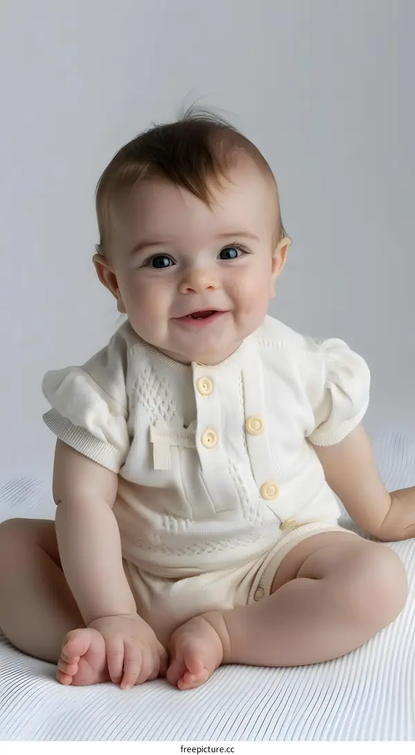 An adorable baby in a cute outfit is sitting on a soft white blanket and looking at the camera with a happy expression