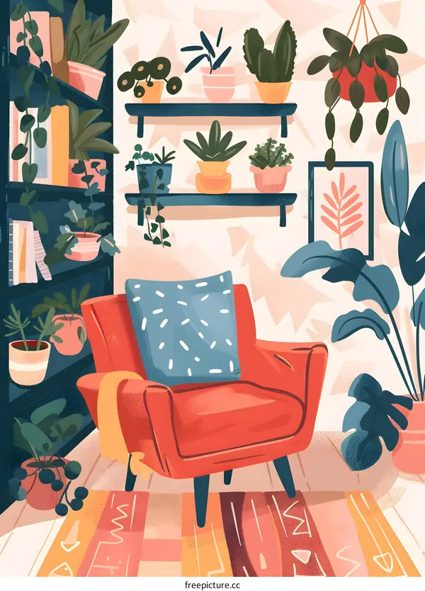 Cozy Living Room with Armchair and House Plants
