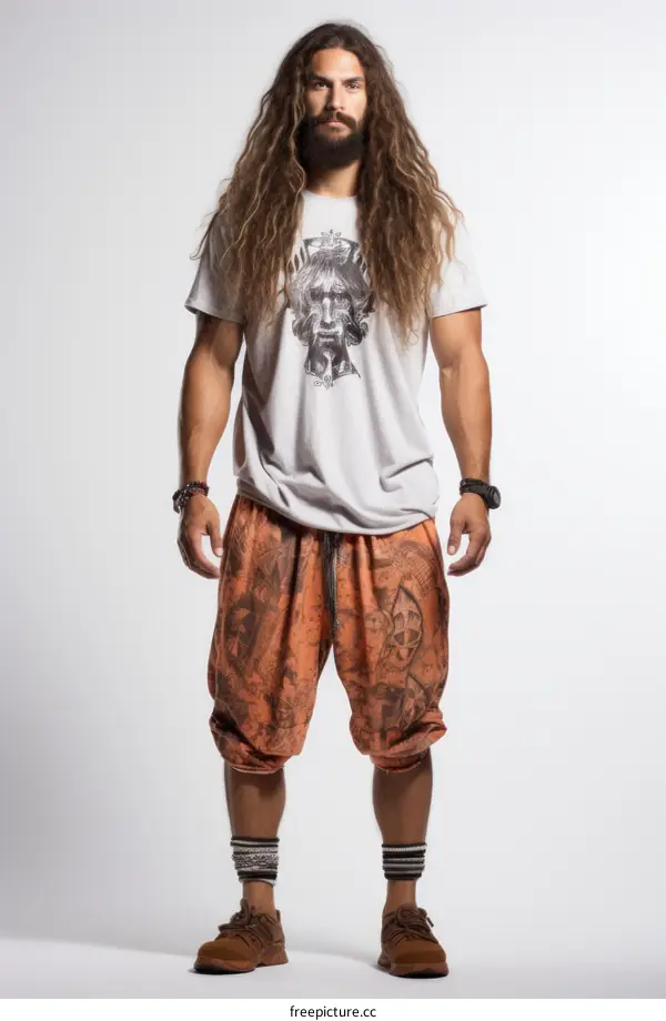 Male model with long hair and beard wearing printed t-shirt and pants