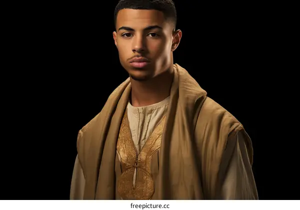 Portrait of a young man wearing a brown and gold tunic