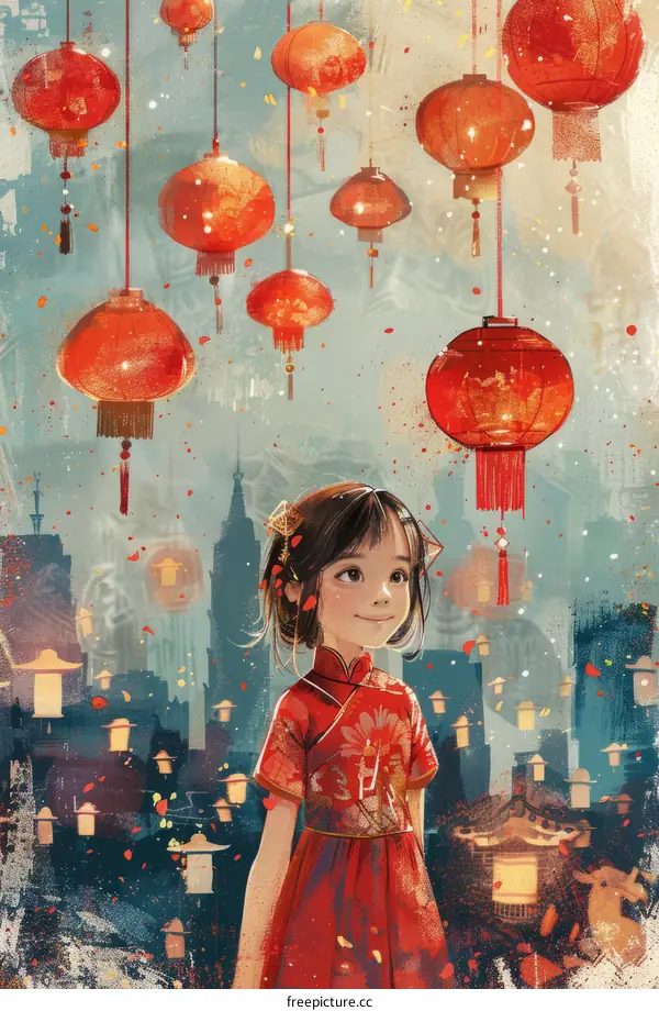 Girl in Street with Hanging Red Lanterns