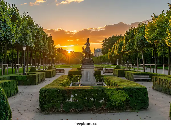 Sunset Over a Formal Garden with Statue