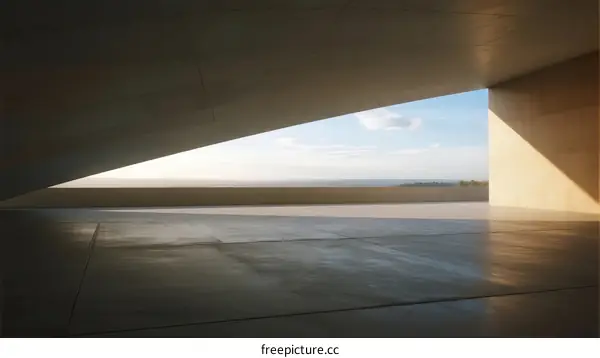 Minimalist concrete architecture with open sky and distant view