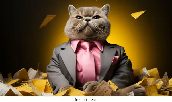 A gray cat wearing a suit and tie sits in a pile of money