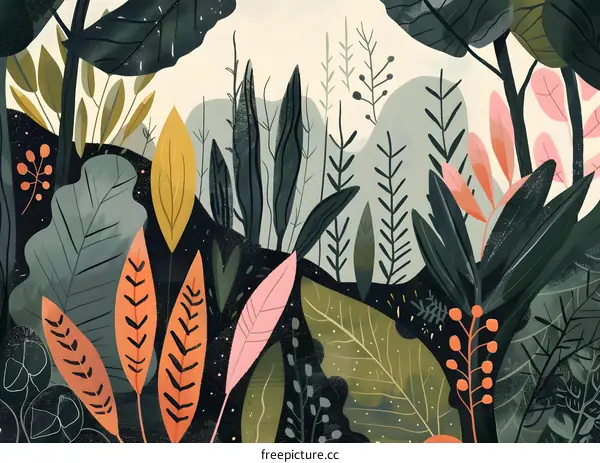 Abstract Painting of Plants and Leaves in Green, Yellow, Orange, and Pink