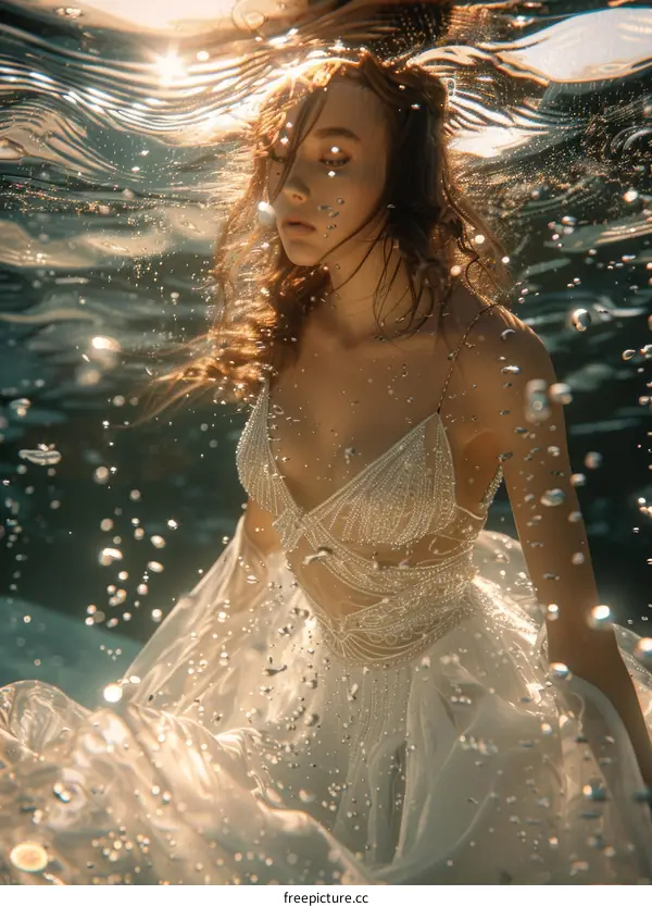 An ethereal portrait of a woman in a white dress, captured gracefully underwater