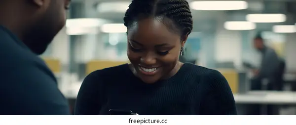 Smiling Woman Looking at Her Phone in Office