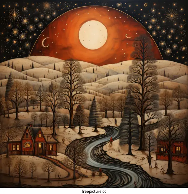 A winter wonderland with a full moon and a starry sky