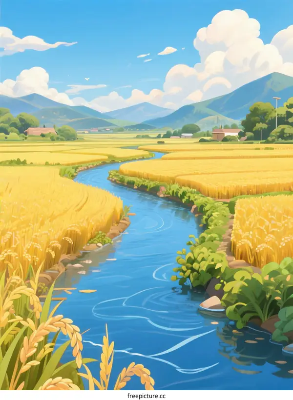 Beautiful Scenery of Golden Paddy Fields and Clear Stream Under Blue Sky