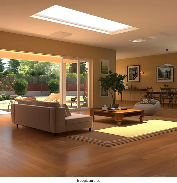 Modern Living Room Interior Design with Large Windows and Skylight