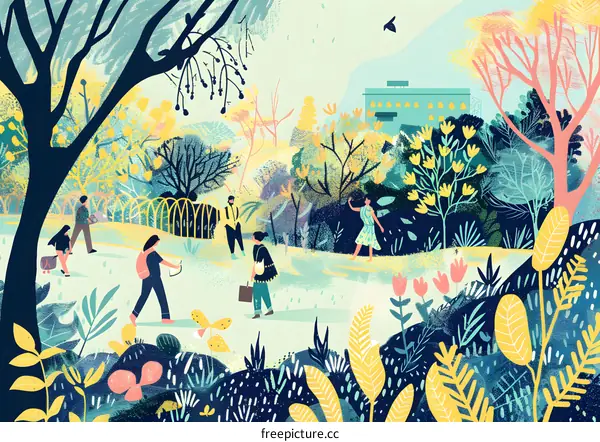 People Walking Through a Colorful Forest Illustration