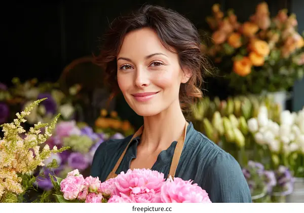 Smiling Woman Florist Holding Flowers
