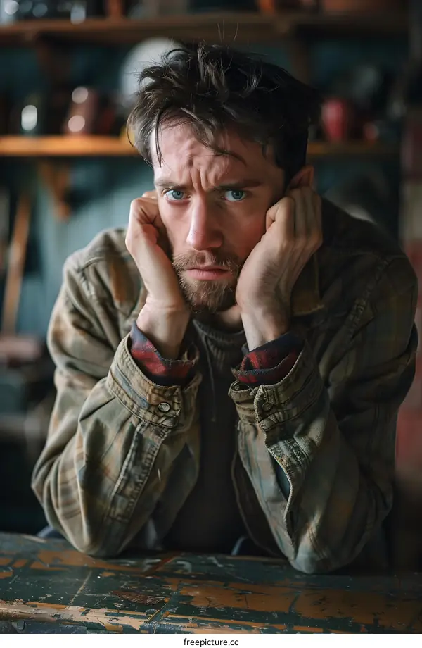 Man with Sad Expression Leaning on His Hands in a Workshop