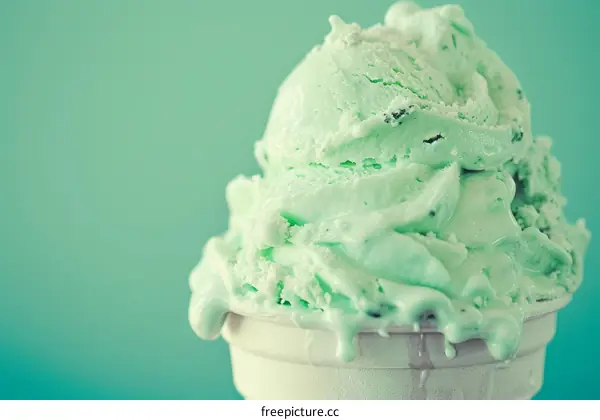 Close-up image of a single scoop of mint chocolate chip ice cream melting in a white cup