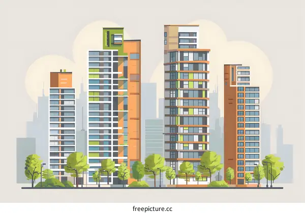 Modern Cityscape With Four Buildings And Trees