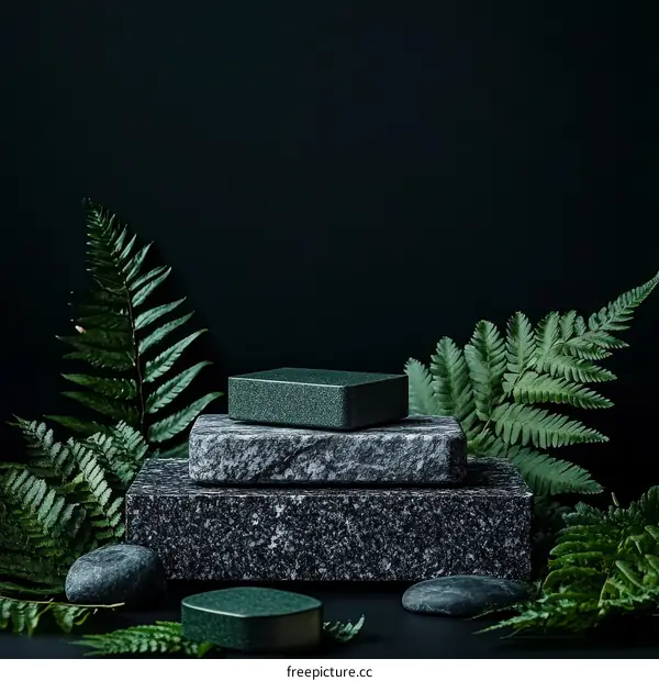 Dark Green Granite Product Display with Lush Ferns