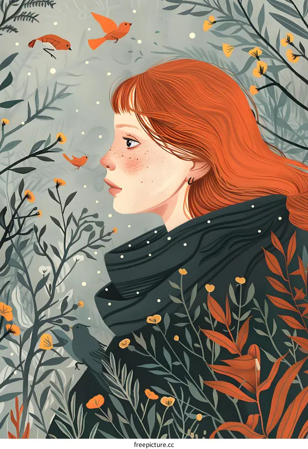 Red Hair Woman in Nature Illustration