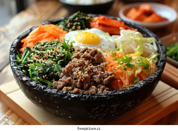 Korean Bibimbap: A Colorful Mix of Rice, Vegetables, and Meat