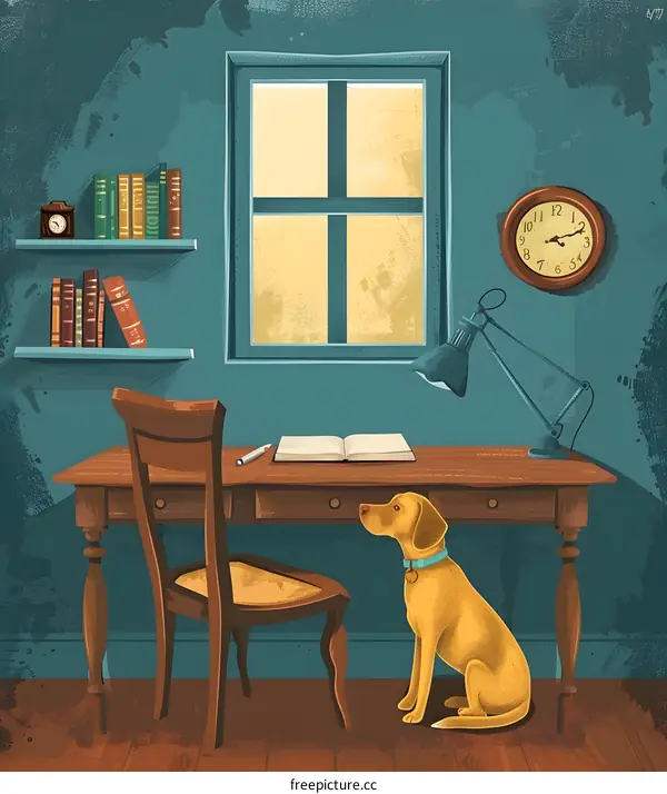 Dog Sitting By Desk in Vintage Home Office