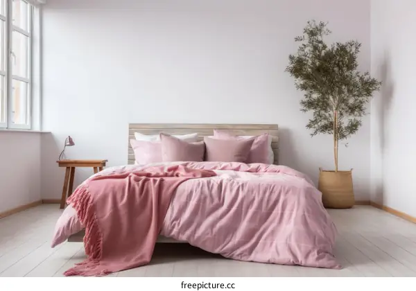 A cozy pink bedroom with a large pink olive tree