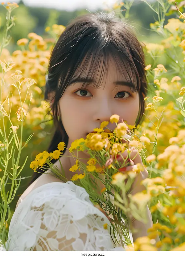 Young Woman In White Dress Sniffs Yellow Flowers In Meadow