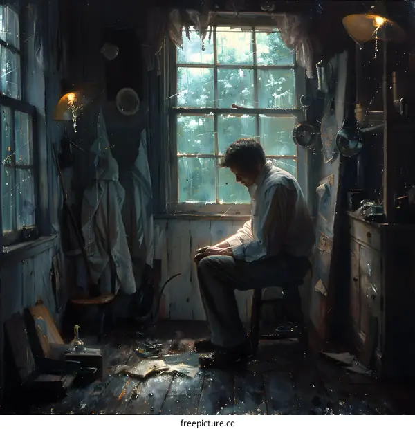 Man Sitting in a Room by a Window with Rain Outside