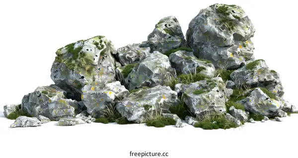 Grey Rocks With Green Moss and Grass Isolated On White Background