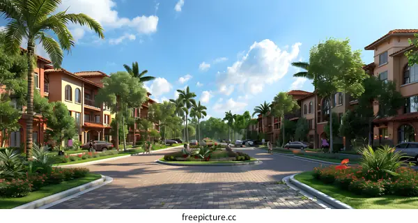 Mediterranean Style Apartment Complex with Palm Trees and a Circular Driveway