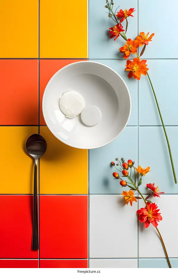Ceramic Tiles, Bowl, Spoon and Flowers on a Colorful Background