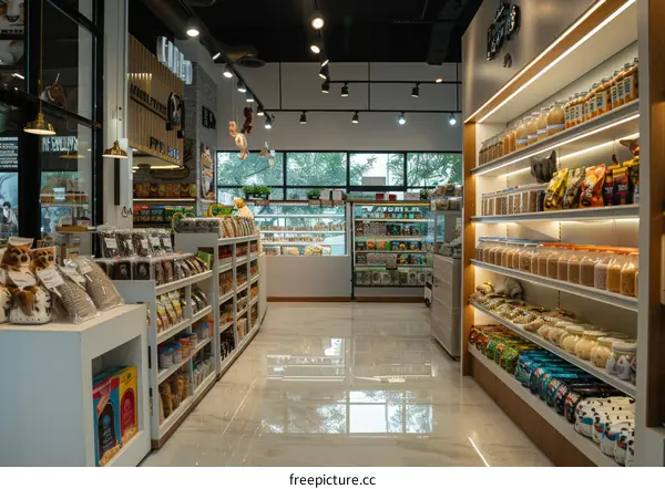 An image of a grocery store with a variety of products on shelves.