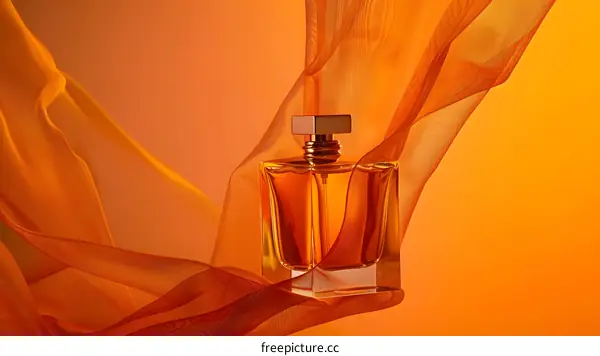 Orange Fabric Background with Glass Perfume Bottle