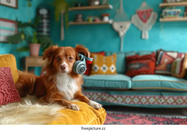 A ginger dog wearing a telephone receiver as a fashion accessory
