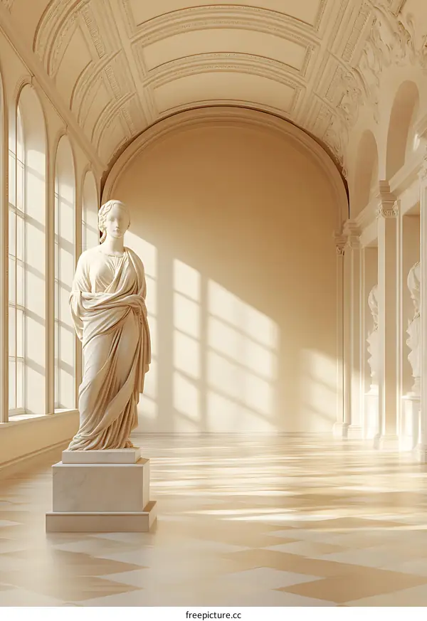 Classical Statue in Grand Hall with Sunbeams