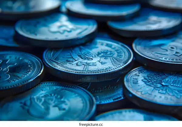A pile of blue coins